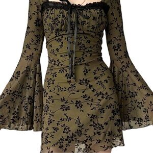 Fairycore Bell Sleeve Mesh Velvet Floral Pattern Olive Green Black Dress